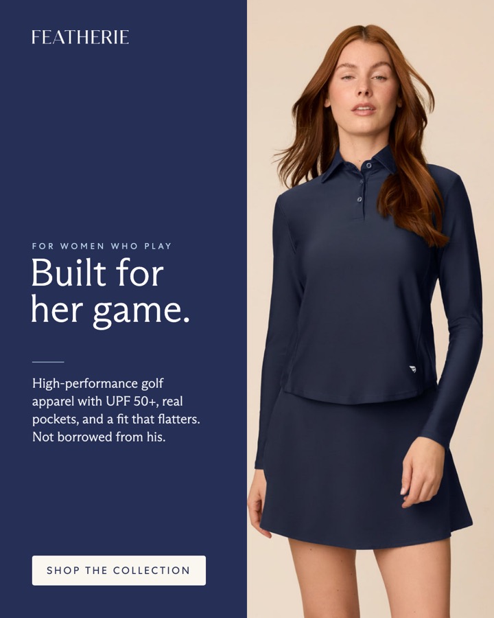Navy golf polo editorial ad, Built for her game
