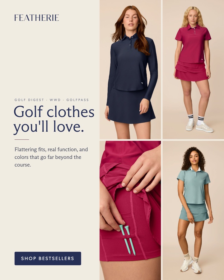 Four-panel collage of golf apparel